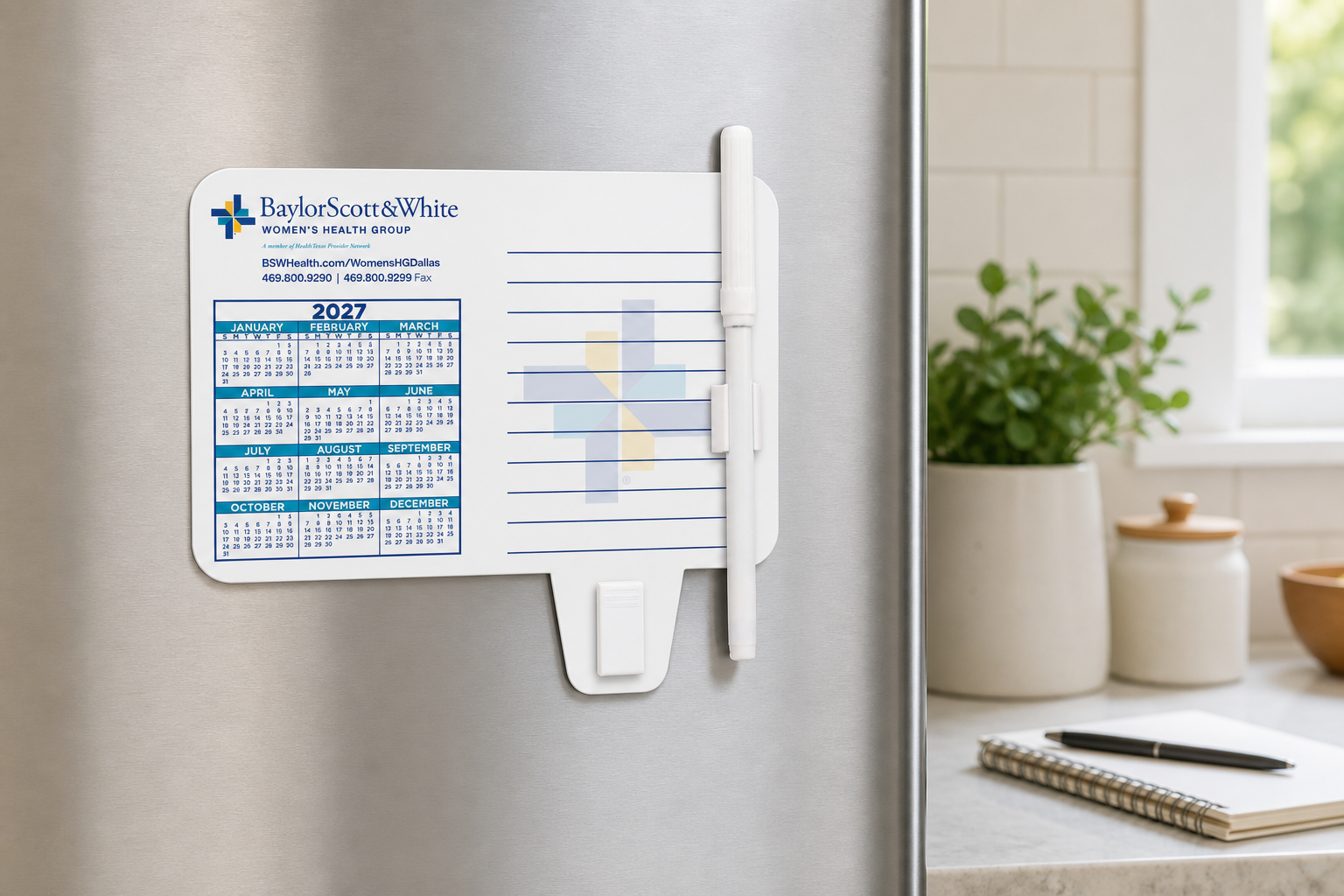 Calendar / Memo Magnet with Clip displayed on a refrigerator in a bright home workspace