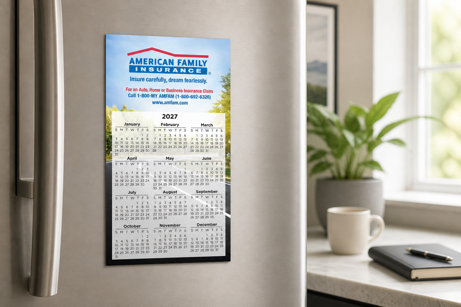 Calendar Large Magnet 3-29/32 x 6-15/16 displayed on a refrigerator in a bright home workspace