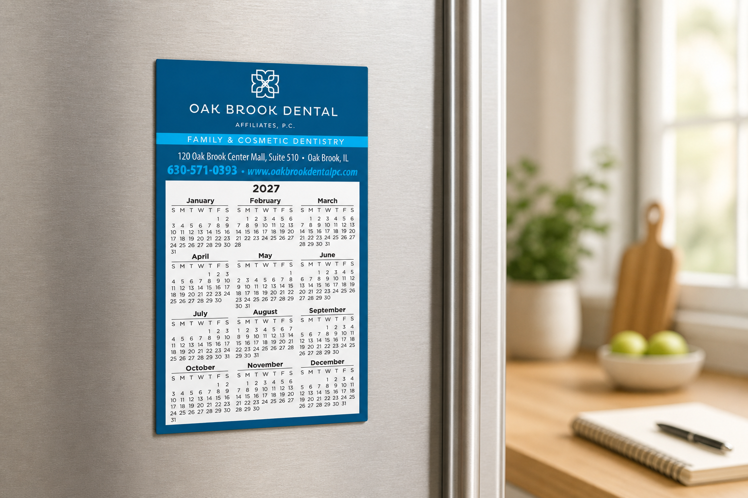 Calendar Sq Crnr Magnet 2-29/32 x 4-15/16 displayed on a refrigerator in a bright home workspace