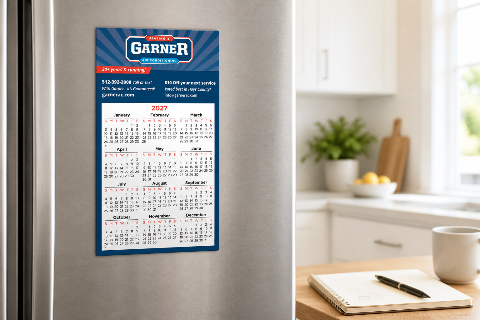 Calendar Square Corner Magnet 3 1/2 x 6 displayed on a refrigerator in a bright home workspace
