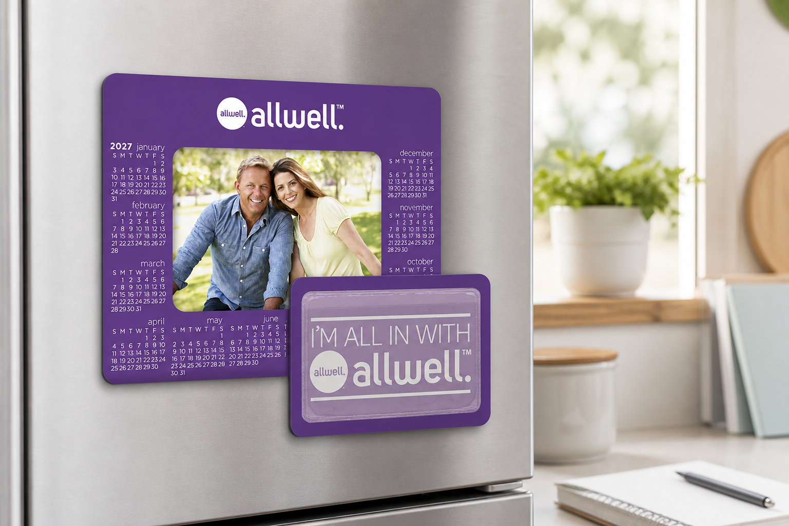 Picture Frame Pocket Magnet displayed on a refrigerator in a bright home workspace