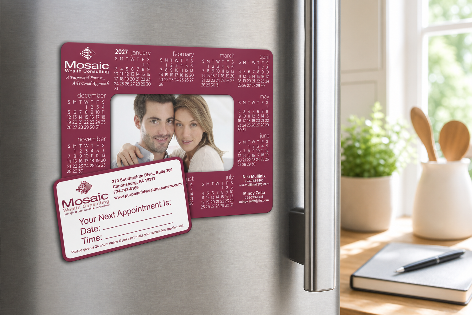 Calendar Picture Frame Magnet displayed on a refrigerator in a bright home workspace