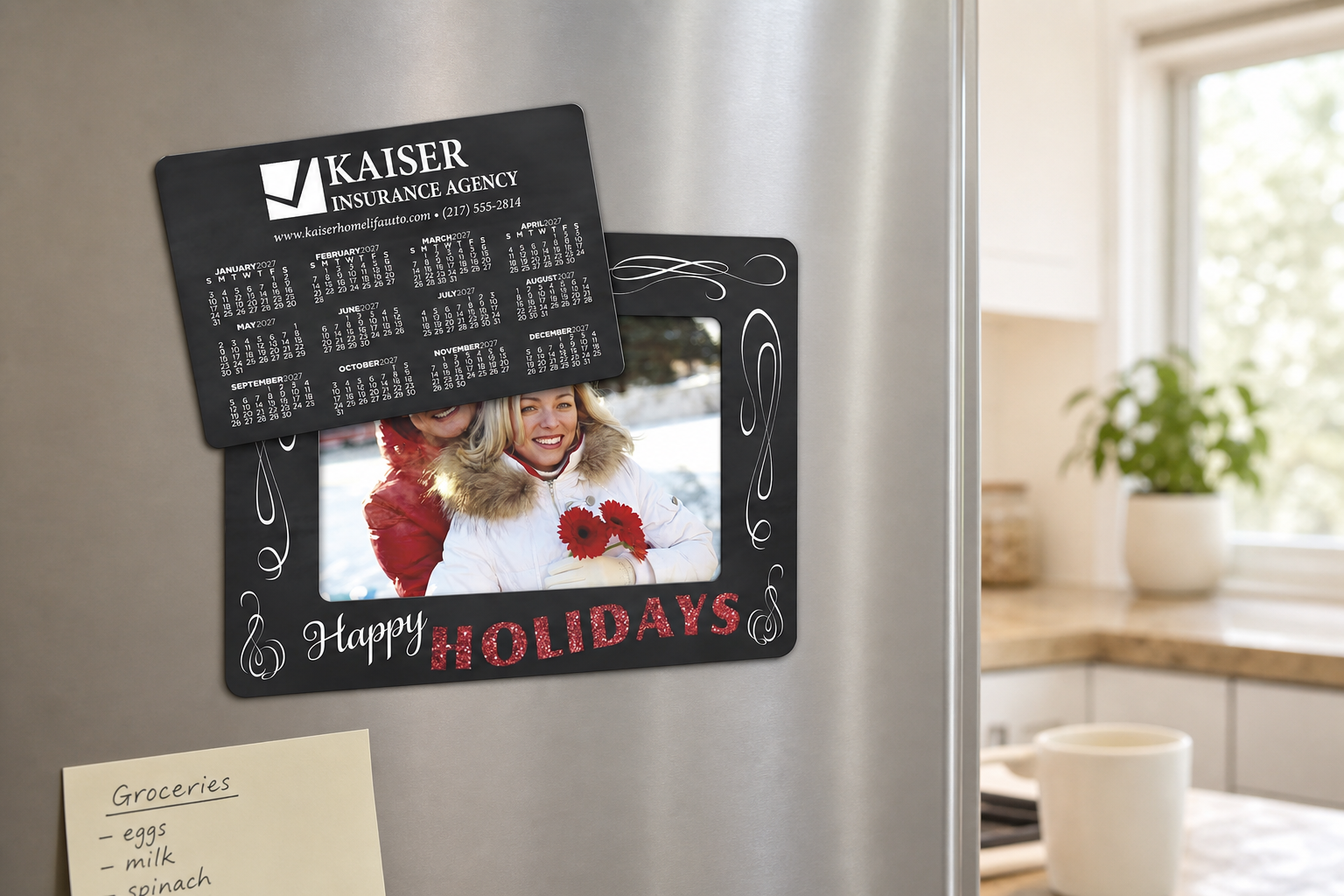 Holiday Calendar Punch Out Picture Frame displayed on a refrigerator in a bright home workspace