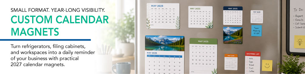 Custom 2027 calendar magnets displayed on refrigerators, filing cabinets, and workspaces
