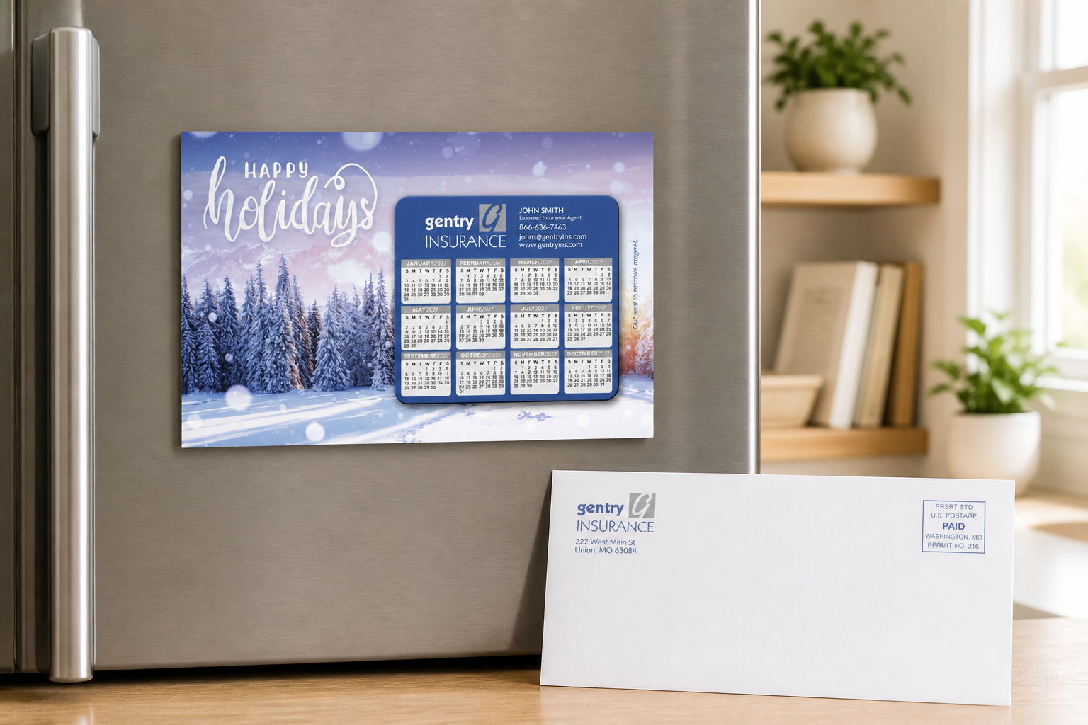 SuperSeal Laminated Card With MC02 Calendar Magnet displayed on a refrigerator in a bright home workspace