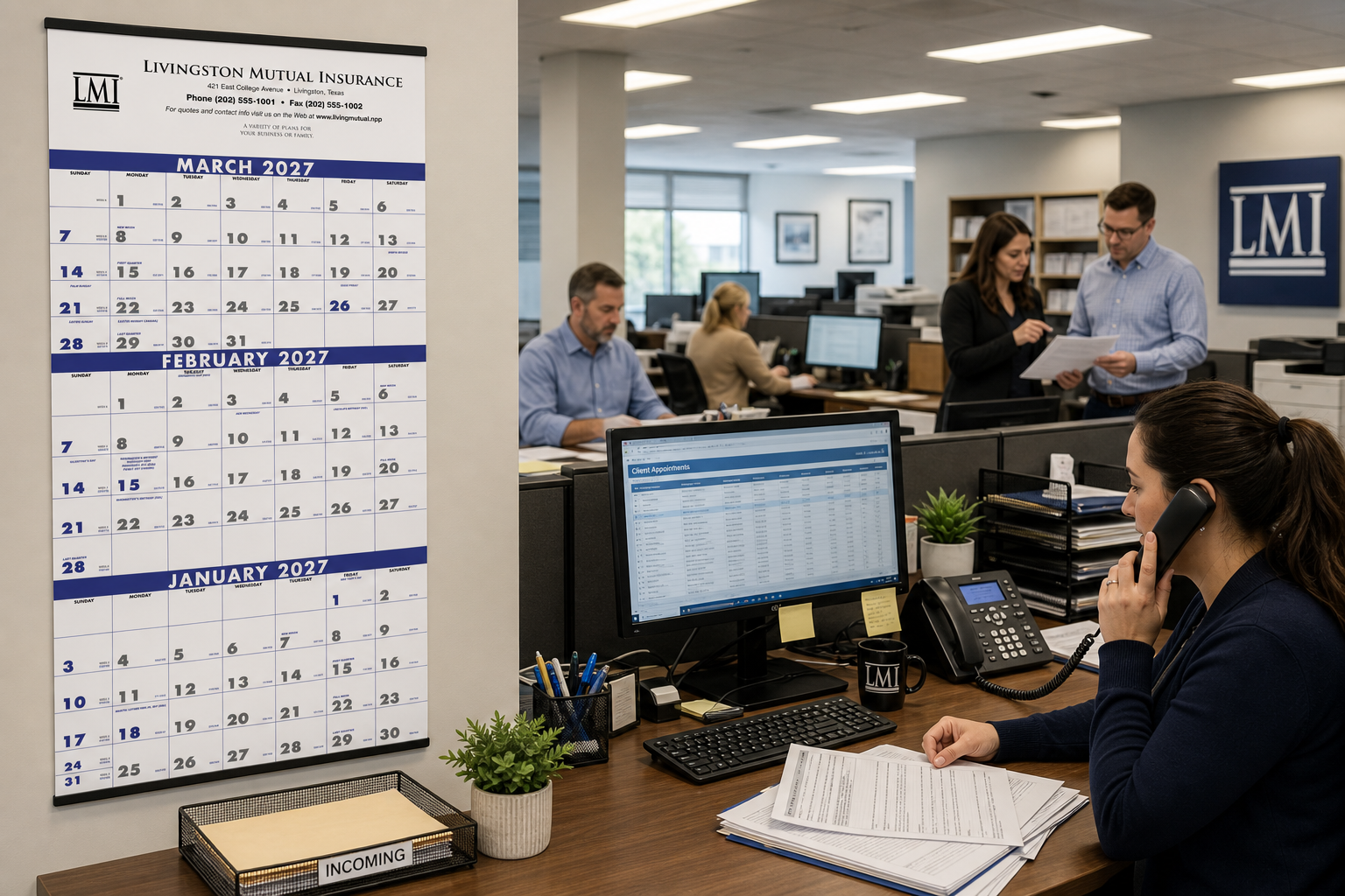 Blue and Black Contractor Memo Calendar displayed in a professional workspace