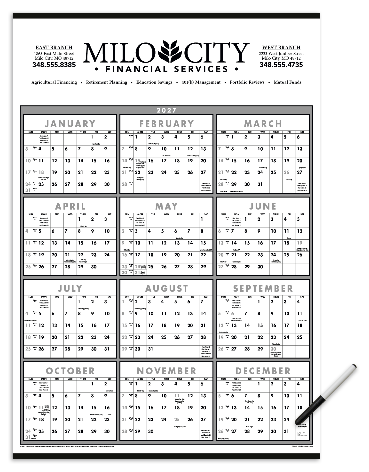 Triumph® Calendars Black & White Span-A-Year Laminated w/Marker Calendar