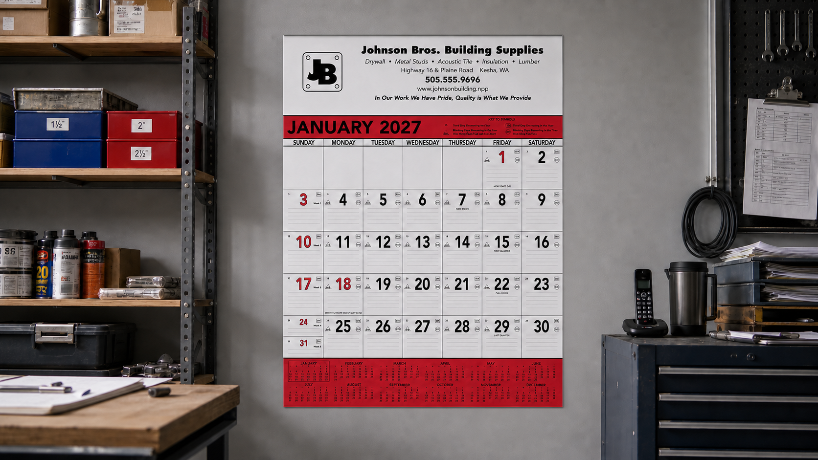 Red and Black Contractor Memo Calendar displayed in a professional workspace