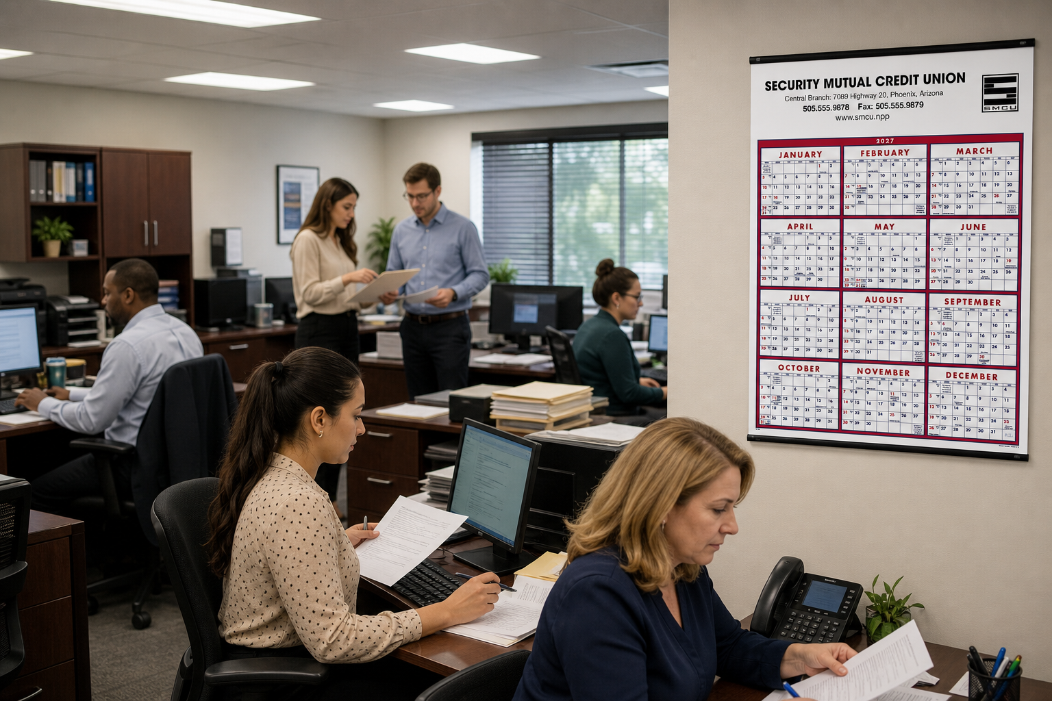 Red and Blue and Black Contractor Memo Calendar displayed in a professional workspace