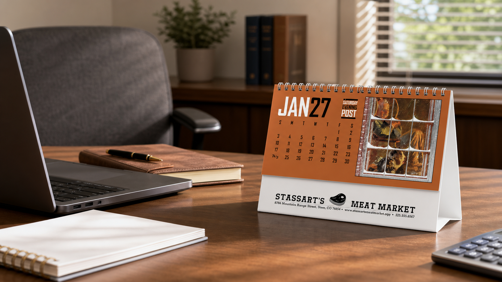 Saturday Evening Post Desk Calendar displayed on an office desk