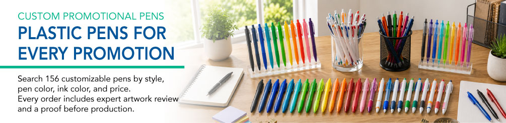 Custom promotional plastic pens for every promotion, shown in a range of colors