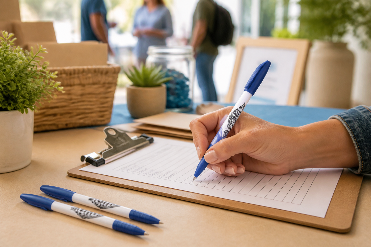 A guest using a blue and white promotional pen at a community event registration table